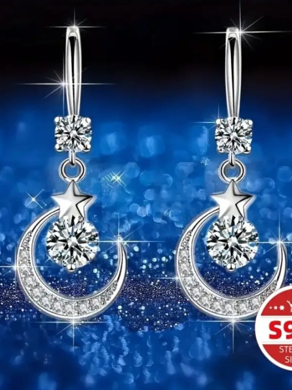 Moon and Stars Theme Earrings with Round Cut Sparkling Rhinestone Pendant 925 SS